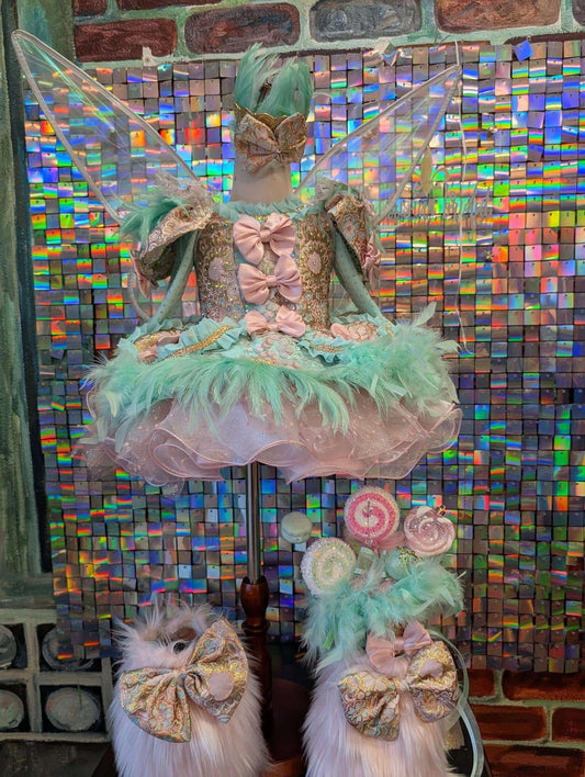 A display of three fairy costumes with mint green and baby pink wings, adorned with feathers and bows, standing in front of a colorful tiled wall.