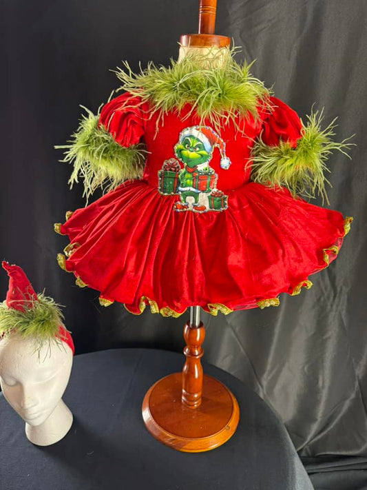 12/2 Grinch Furry Dress Red with green feathers
