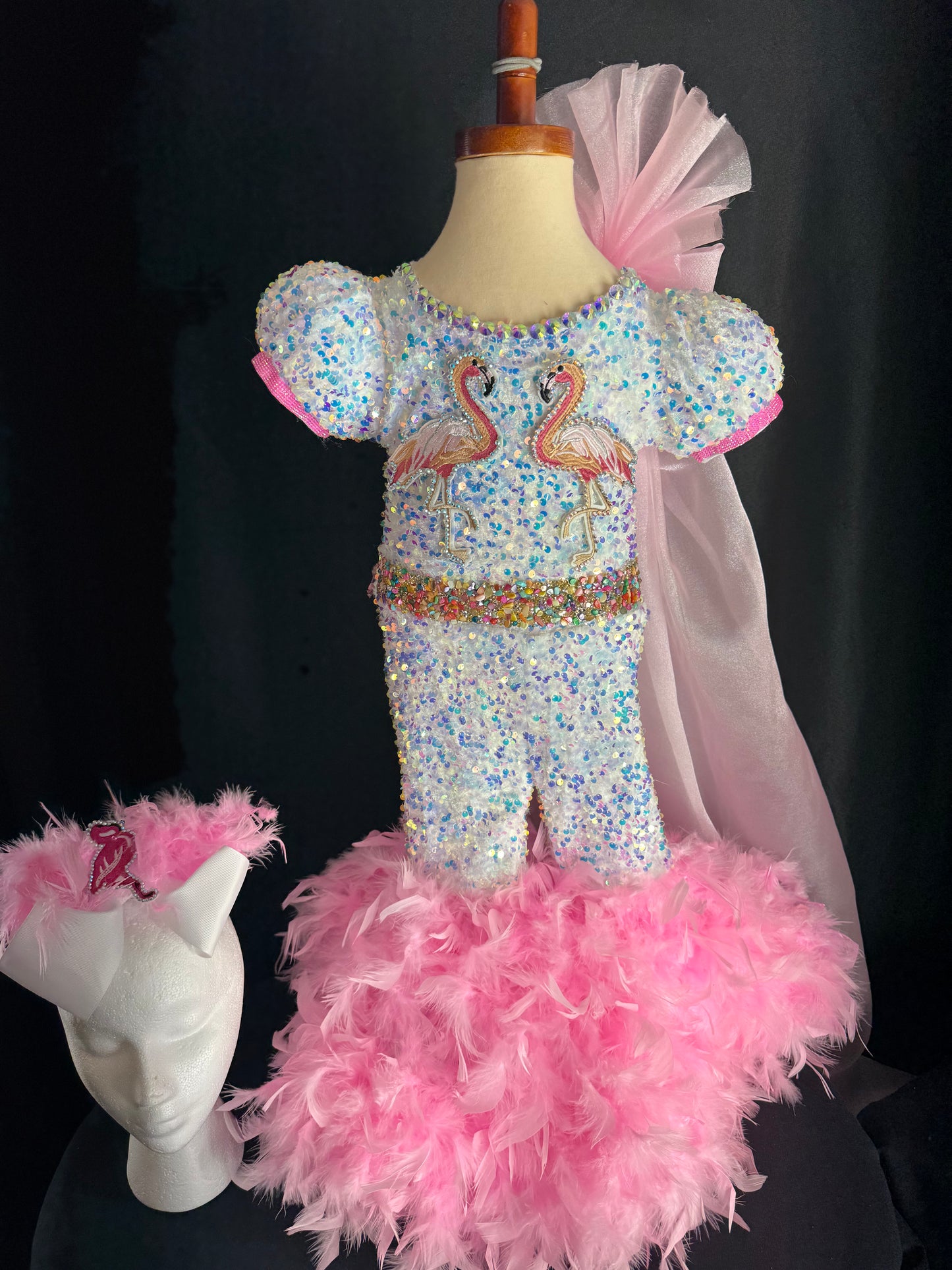 2T Feathered Flamingo Romper in Pink and White