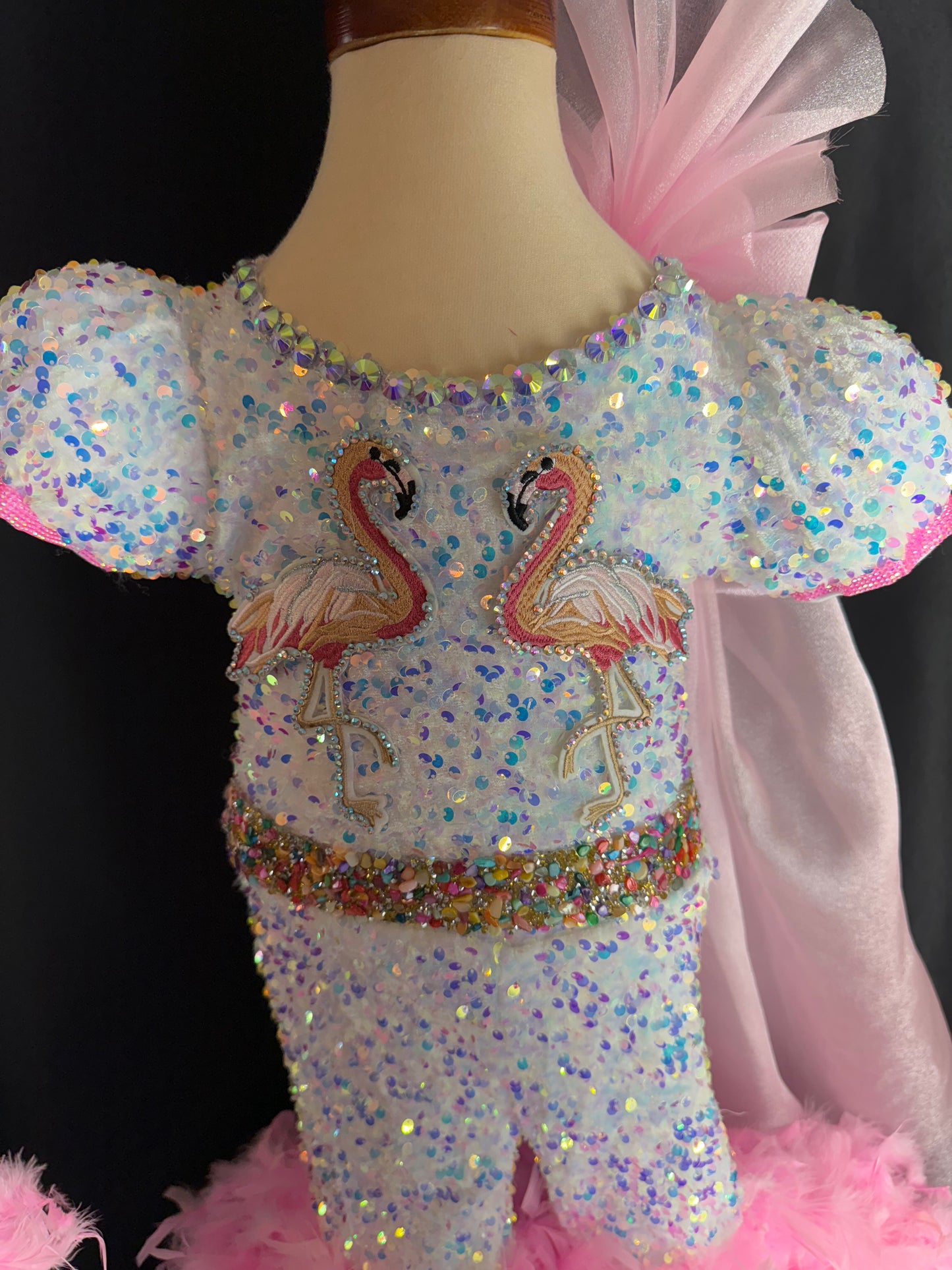 2T Feathered Flamingo Romper in Pink and White