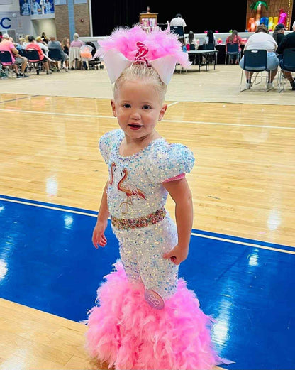 2T Feathered Flamingo Romper in Pink and White